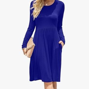 Blue A-Line Long Sleeve Casual Dress